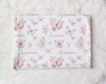 Personalized Butterfly Blanket with Name, Personalized Baby Girl Blanket, Custom Toddler Girl Wildflower Blanket, Boho Floral Bedding SB583