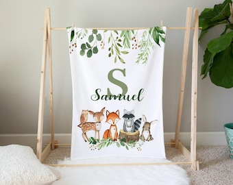 Woodland Baby Blanket- Personalized Baby Boy Blanket -Woodland Toddler Name Blanket - Personalized Baby Gift -Woodland Animals Nursery -546