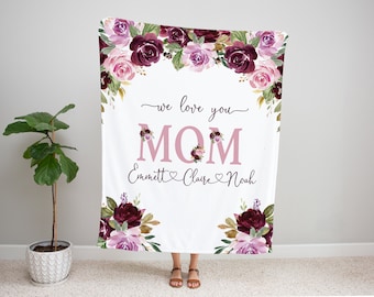 Regalo Día de la Madre para la abuela, Manta del Día de la Madre, Manta personalizada de los niños, Manta de nombre floral malva, Manta de tiro