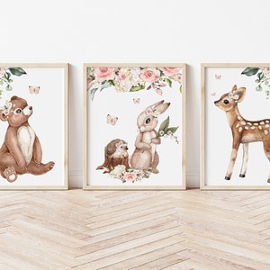 Baby Girl Woodand Nursery Wall Art, Floral Woodland Animal Set of 3 ...