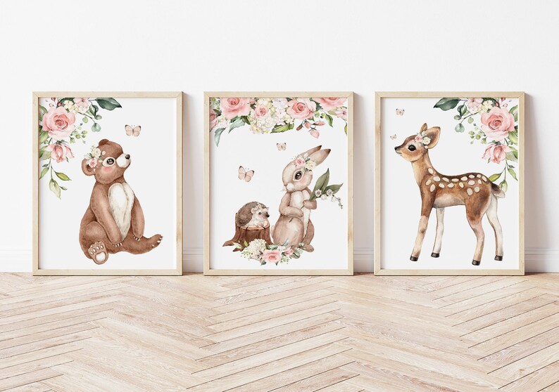 Baby Girl Woodand Nursery Wall Art, Floral Woodland Animal Set of 3 ...