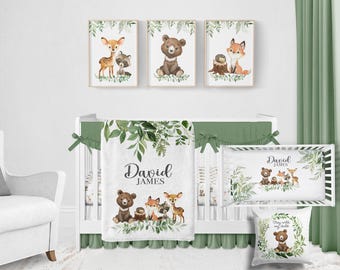 Komplet pościeli do łóżeczka dziecięcego Woodland - personalizowany kocyk dla chłopca z uroczymi zwierzętami leśnymi - personalizowany wystrój pokoju dziecięcego Woodland, niedźwiedź, jeleń, lis 568