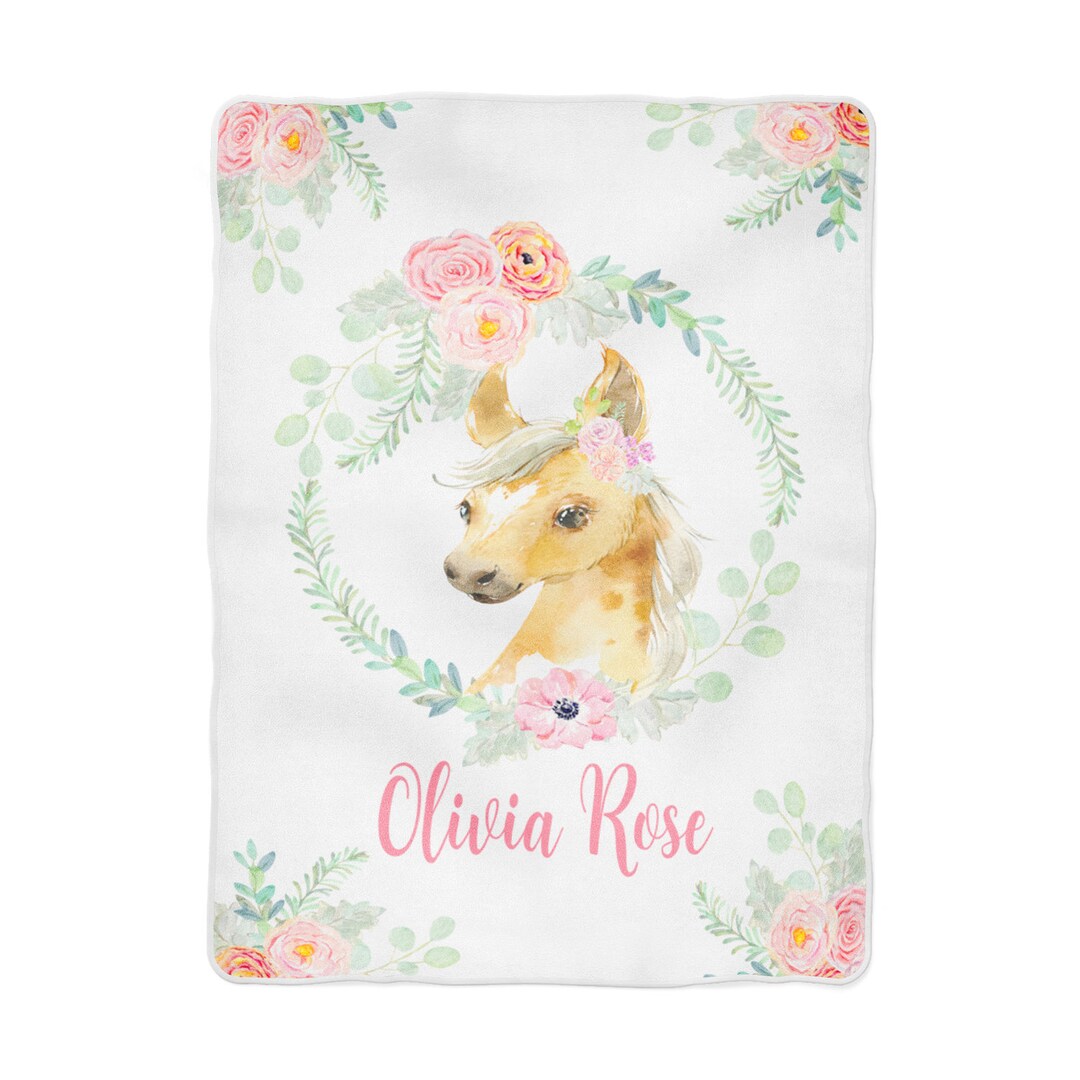 Baby Girl Horse Farm Floral Blanket Personalized in Fleece, Minky, or