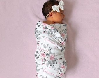 Pink Floral Swaddle Blanket Headband Hat Set -Personalized Baby Shower Gift - Hospital Name Announcement - Personalized Baby Girl Blanket