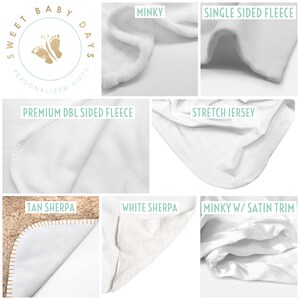 Puede incluir: Im&aacute;genes de primer plano de diferentes opciones de tejido para una manta de beb&eacute;. Las opciones incluyen Minky, Fleece de una sola cara, Fleece de doble cara premium, Jersey el&aacute;stico, Sherpa tostado, Sherpa blanco y Minky con ribete de sat&eacute;n.