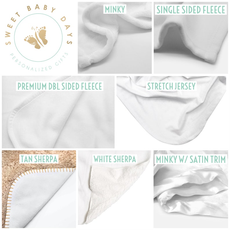 Puede incluir: Im&aacute;genes de primer plano de diferentes opciones de tejido para una manta de beb&eacute;. Las opciones incluyen Minky, Fleece de una sola cara, Fleece de doble cara premium, Jersey el&aacute;stico, Sherpa tostado, Sherpa blanco y Minky con ribete de sat&eacute;n.