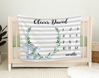 Elephant Baby Milestone Blanket Month Blanket Growth Tracker Fleece Blanket Baby Shower Elephant Baby Newborn Gift Safari Animals Blanket