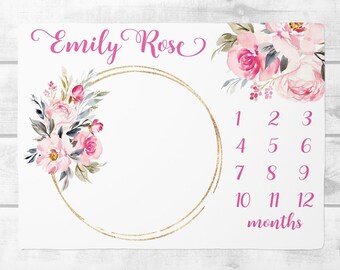 Baby Girl Milestone Blanket, Pink  Floral Baby Month Milestone Blanket, Personalized Baby Shower Gift, Track Growth and Age, New Mom Gift