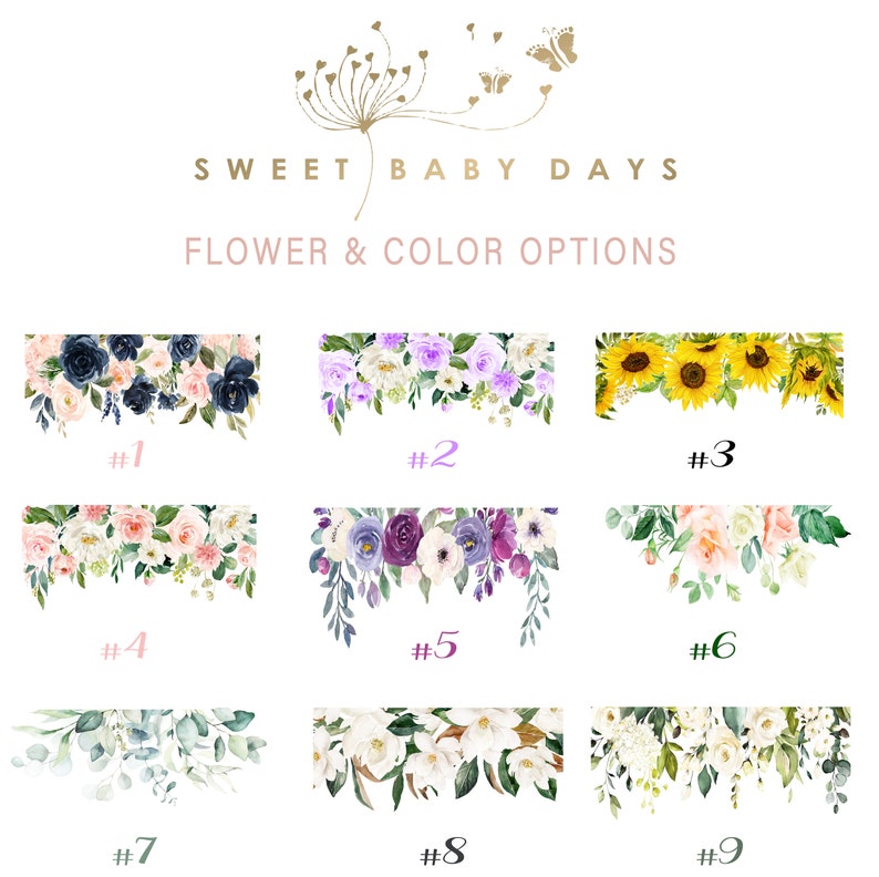 May include: Nine different floral arrangements with numbers 1 through 9. Each arrangement features a different type of flower and color scheme.  SWEET BABY DAYS FLOWER & COLOR OPTIONS.