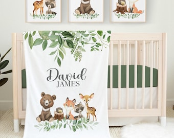 Woodland Animal Baby Blanket- Personalized Baby Boy Blanket with Forest Animals -Toddler Boy Birthday Gift- Custom Woodland Baby Gift -SB568