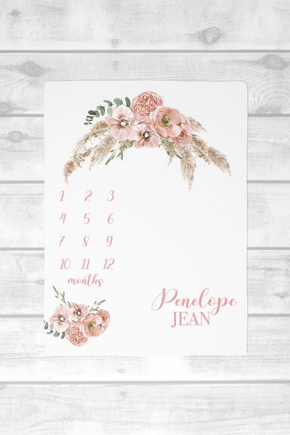 Boho Milestone Blanket Girl Dusty Rose Baby Month Blanket Personalized Baby Girl Shower Gift Baby Girl Boho Nursery With Pampas Leaves Etsy Canada