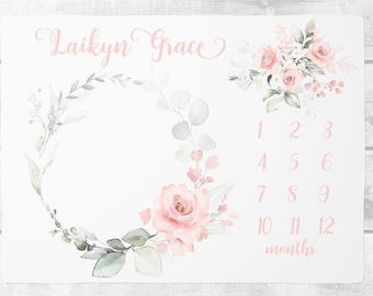 Couverture pour bébé fille, douce et florale pour le mois de bébé, cadeau personnalisé pour baby shower, suivi de la croissance et de l'âge, cadeau pour nouvelle maman