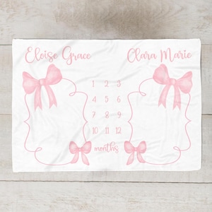 Pink Bow Twin Girls Milestone Blanket, Baby Month Blanket for Twins, Personalized Baby Shower Gift for Twin Girls, Coquette Aesthetic Tw587