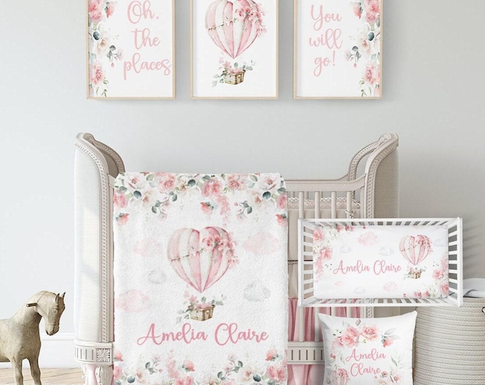 Baby Girl Hot Air Balloon Crib Bedding Set -Blush Floral Nursery Bedding Set Balloon Baby Girl Blanket- Personalized Floral Heart Decor- 565