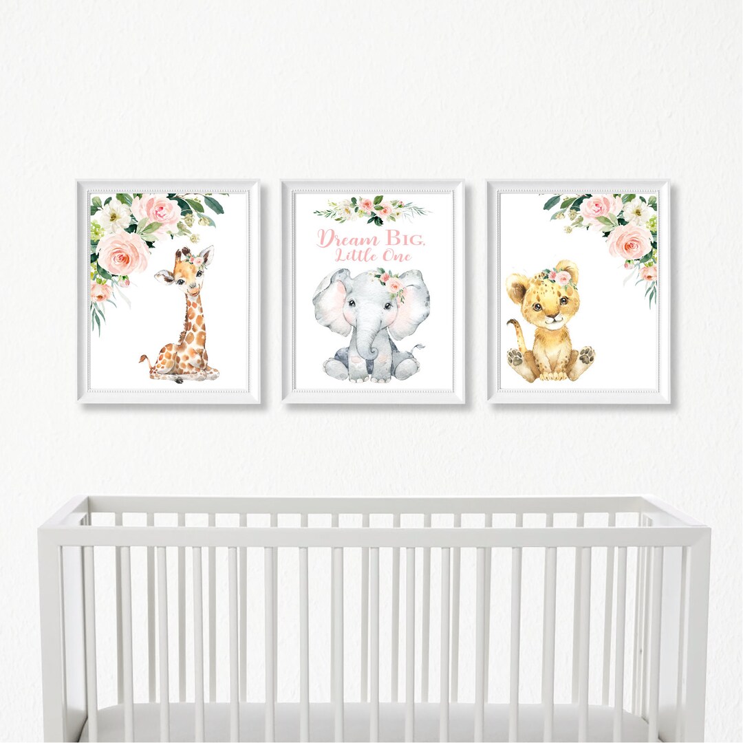 Baby Girl Nursery Wall Art, Safari Nursery, Floral Safari Animal Prints ...