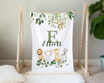 Kocyk Safari dla dziecka - Spersonalizowany kocyk dla chłopca - Kocyk z imieniem dziecka - Prezent na baby shower - Spersonalizowany prezent dla dziecka - Pokój dziecięcy Safari Animals