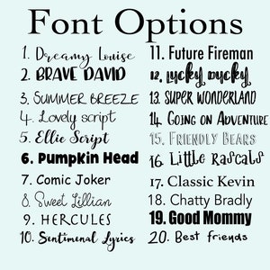 May include: A light blue background displays a list of 20 font options. The title "Font Options" is at the top. Each font is numbered and named, with examples like "Dreamy Louise", "Brave David", and "Pumpkin Head".