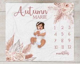 Baby-Meilenstein-Decke Boho Blumenmonat-Decke personifizierte Mädchen-Decke, Dusty Rose Pampas lässt Baby-Geschenk -Neugeborenen Foto SM103