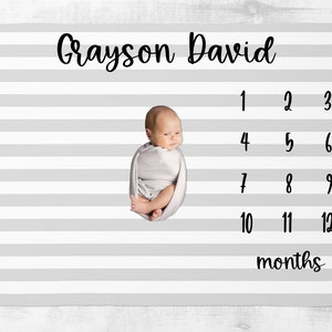 Baby Boy Milestone Blanket Month Blanket Simple Growth Tracker Baby Shower Gift Watch me Grow Newborn Gift  Grey Striped Baby Milestone