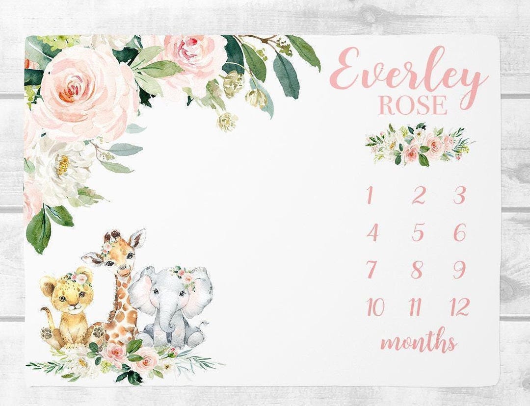 Floral Safari Milestone Blanket, Personalized Baby Girl Month Blanket ...