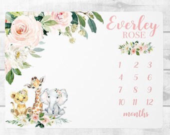 Floral Safari Milestone Blanket, Personalized Baby Girl Month Blanket with Elephant, Custom Girl Shower Gift, Baby Girl Safari Nursery SM130