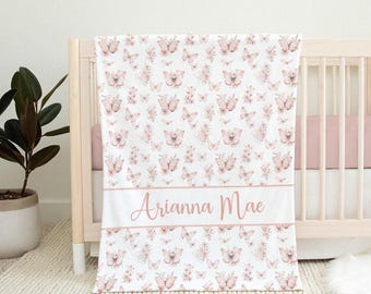 Wildflower & Butterflies Blanket with Name, Personalized Baby Girl Blanket, Custom Toddler Girl Butterfly Blanket, Boho Floral Bedding SB583