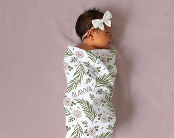 Modern Floral Swaddle Blanket Headband Hat Set -Personalized Baby Shower Gift - Hospital Name Announcement - Personalized Baby Girl Blanket