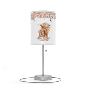 Floral Highland Cow Lamp - Highland Cow Themed Nursery Decor - Farm Girl Bedroom - Boho Floral Highland Nursery - Baby Shower Gift - 542