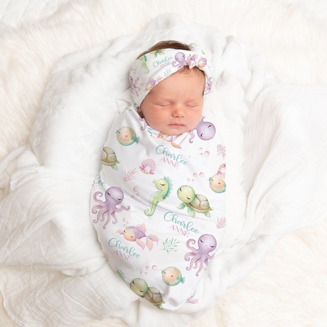 Baby Girl Ocean Swaddle Set- Personalized Baby Girl Blanket Headband ...