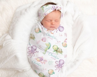 Baby Girl Ocean Swaddle set-  Personalized Baby Girl Blanket Headband Set -Under the Sea Creatures Baby Blanket - Name Announcement SW576