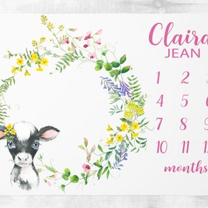 Floral Cow Milestone Blanket Personalized Baby Girl Blanket Baby Growth Tracker Farm Nursery Blanket Baby Shower Gift Monthly Baby Blanket