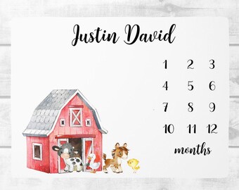 Farm Milestone Blanket, Baby Boy Milestone Blanket with Red Barn,Personalized Baby Boy Month Blanket Baby Farm Bedding Farm Baby Gift SM158