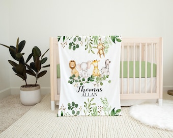 Kocyk Safari dla dziecka - Spersonalizowany kocyk dla chłopca - Kocyk z imieniem dziecka - Prezent na baby shower - Spersonalizowany prezent dla dziecka - Pokój dziecięcy Safari Animals
