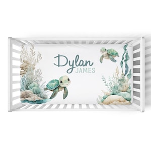 Personalized Sea Turtle Crib Sheet -Custom Ocean Nursery Crib Bedding -Baby Boy Shower Gifts Under the sea Nursery- Turtle Changing Pad -561