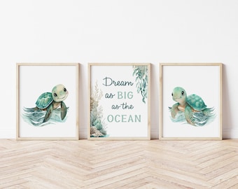 Baby Sea Turtle Art Prints - Set of Three Ocean Nursery Prints- Baby Boy Ocean Nursery Wall Art - Under the Sea Nursery Decor A561