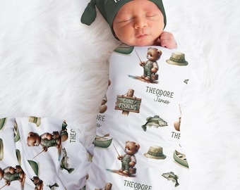 Fishing Swaddle Set, Fish Swaddle Blanket, Personalized Baby Blanket, Fishing Nursery, Fishing Baby Blanket, Fishing Coming Home Outfit S580