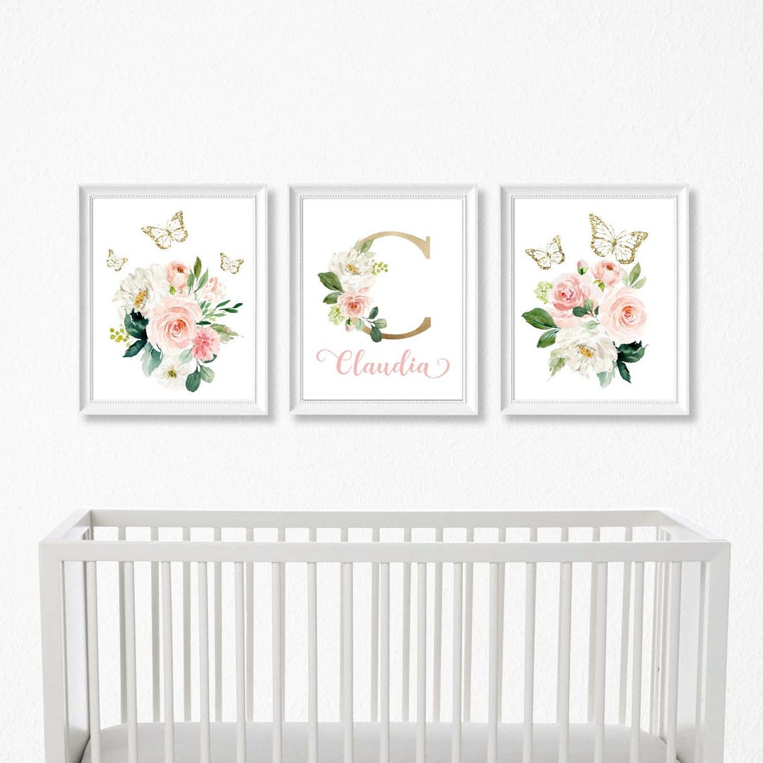 Baby Girl Butterfly Nursery Wall Art, Blush Floral Butterfly Art Set of ...