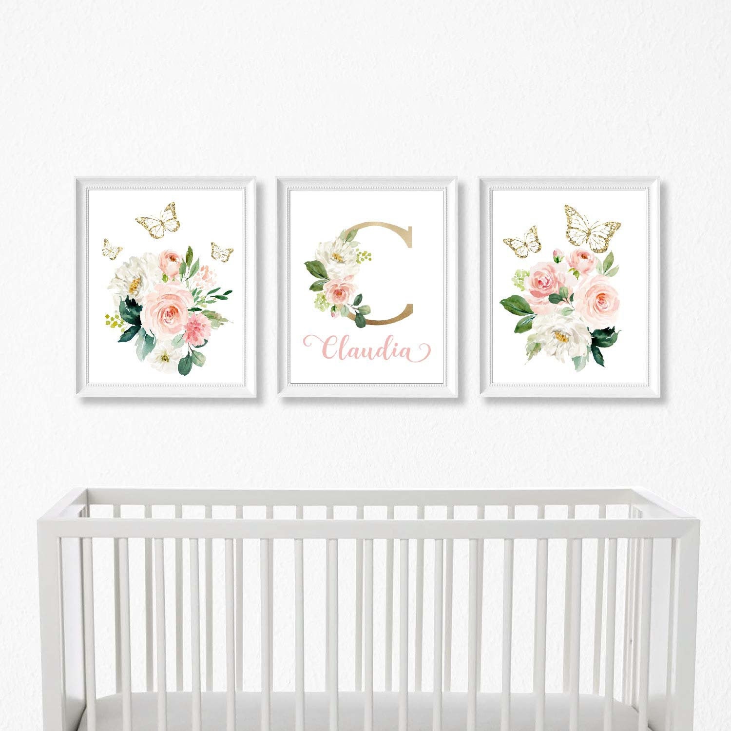 Baby Girl Butterfly Nursery Wall Art, Blush Floral Butterfly Art Set of ...
