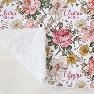 Vintage Floral Swaddle Blanket Headband Hat Set -Personalized Baby Shower Gift - Hospital Name Announcement - Personalized Baby Girl Blanket