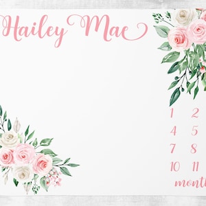 Roze bloemen mijlpaal deken, baby maand deken, baby meisje mijlpaal deken track groei aandenken baby shower cadeau gepersonaliseerde deken
