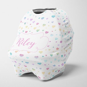 Baby meisje gepersonaliseerde autostoel luifel, stretchy bloemen autostoel cover, Rainbow Hearts baby autostoel cover, baby douche gift-verpleegkundige cover