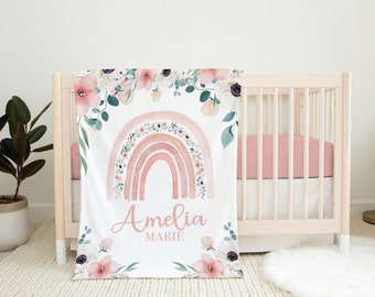Personalized Rainbow Blanket -  Boho Floral Baby Girl Blanket Name with Floral Rainbow  - Baby Girl Shower Gift- Toddler Girl Blanket - B552