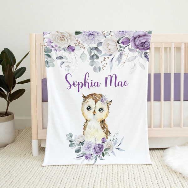 Floral Owl Blanket -Personalized Baby Girl Blanket with Owls- Floral Woodland Name Blanket -Baby Shower Gift-Toddler Birthday Gift-  SB575