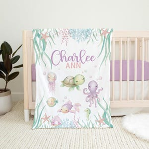 Coperta per bambina con animali dell&#39;oceano, coperta per bambini personalizzata, tartaruga marina, polpo, verde acqua, sotto il mare, regalo di compleanno per bambina, regalo per baby shower B576