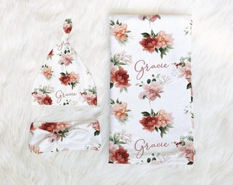 Boho Floral Swaddle Blanket Headband Hat Set -Personalized Baby Shower Gift - Hospital Name Announcement - Personalized Baby Girl Blanket