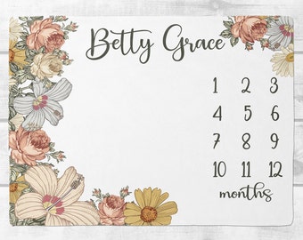 Vintage Floral Milestone Blanket Girl,  Floral Baby Month Blanket, Personalized Baby Girl Shower Gift, Baby Girl Nursery, New Mom Gift SM104