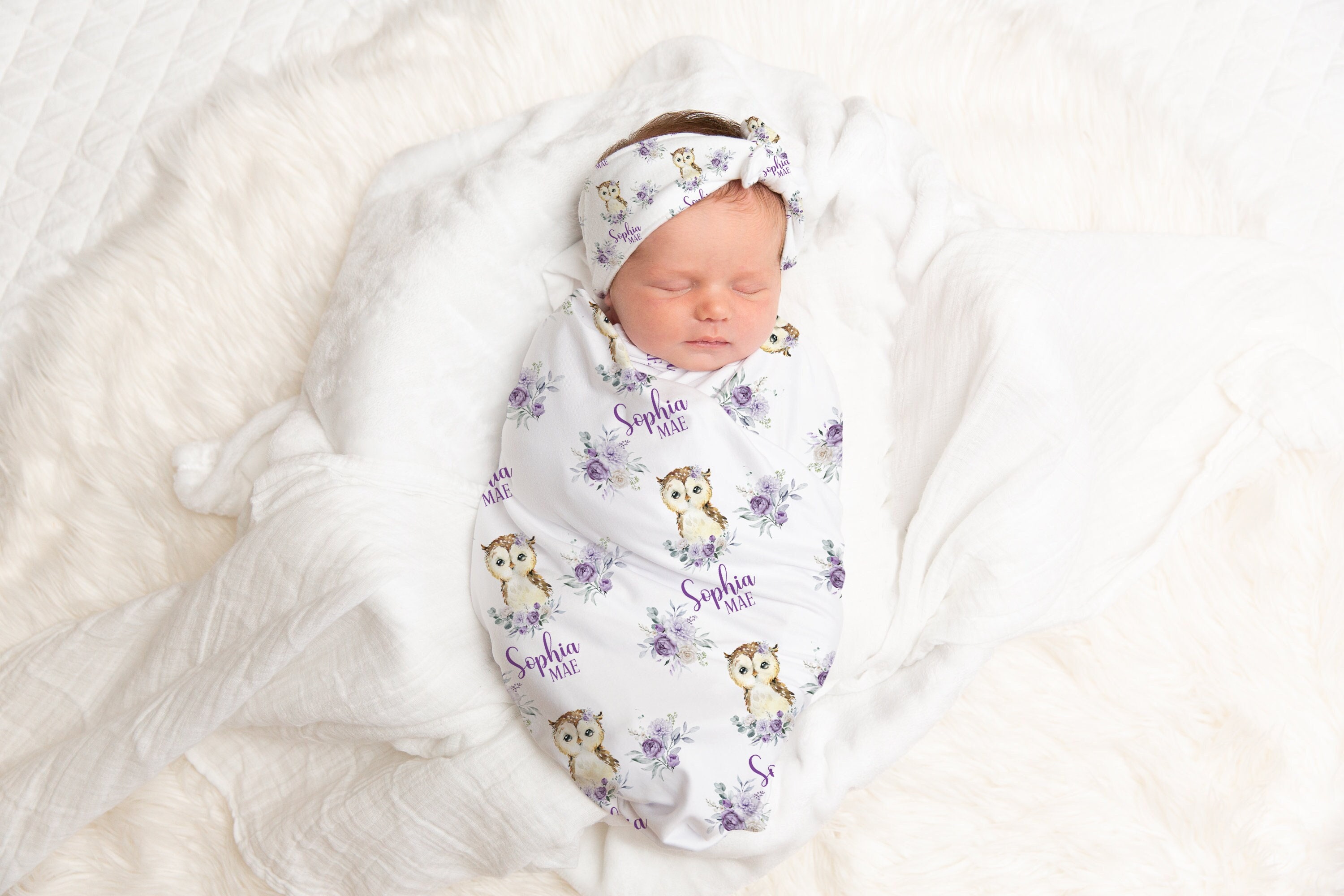 Floral Owl Swaddle set-  Personalized Baby Girl Blanket Headband Set -Baby Shower Gift Name Announce