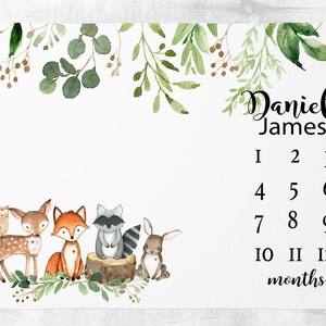 Woodland Milestone Blanket Personalized Baby Boy Blanket Baby Growth Tracker Woodland Animals Blanket Baby Shower Gift  Monthly Baby Blanket