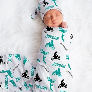 Personalized Motocross Swaddle set -Custom Dirtbike Baby Blanket Hat Set -Baby Boy Shower Gift -Hospital -Name Announcement -Coming Home image 2
