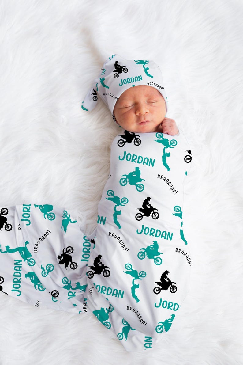Personalized Motocross Swaddle set -Custom Dirtbike Baby Blanket Hat Set -Baby Boy Shower Gift -Hospital -Name Announcement -Coming Home image 2